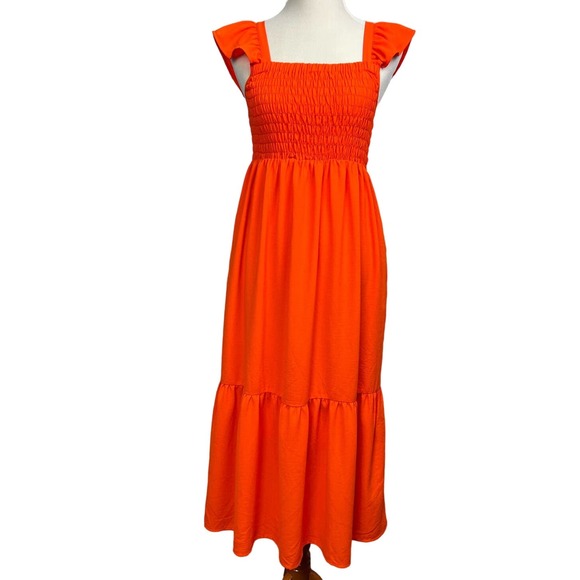 THML Dresses & Skirts - NWOT THML Smocked Orange Tiered Maxi Dress with Flutter Sleeves X Small